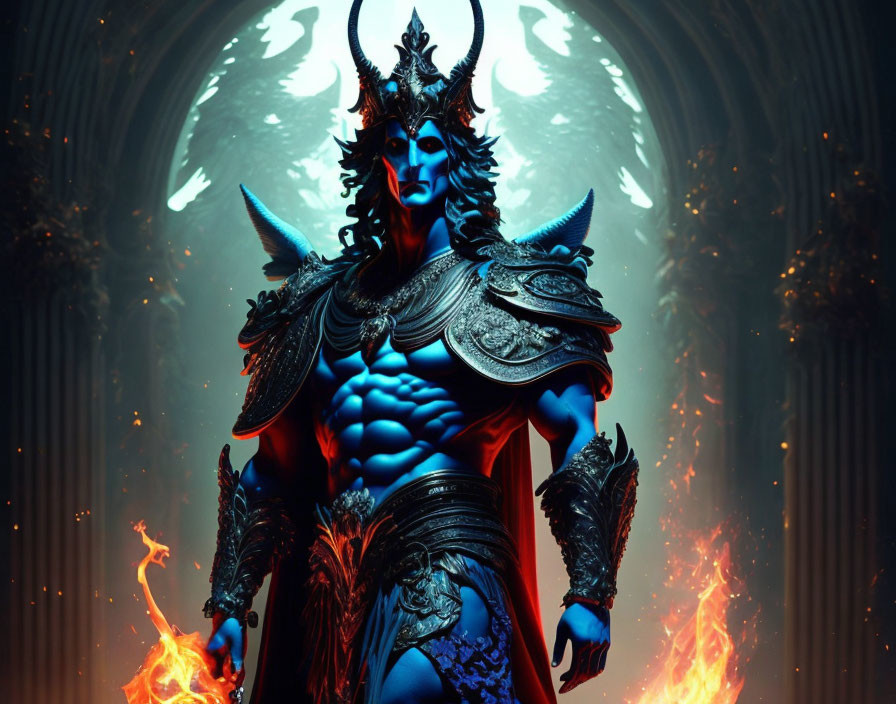 Blue-skinned warrior in dark armor with horned helmet in grand hall with fire and ethereal glow
