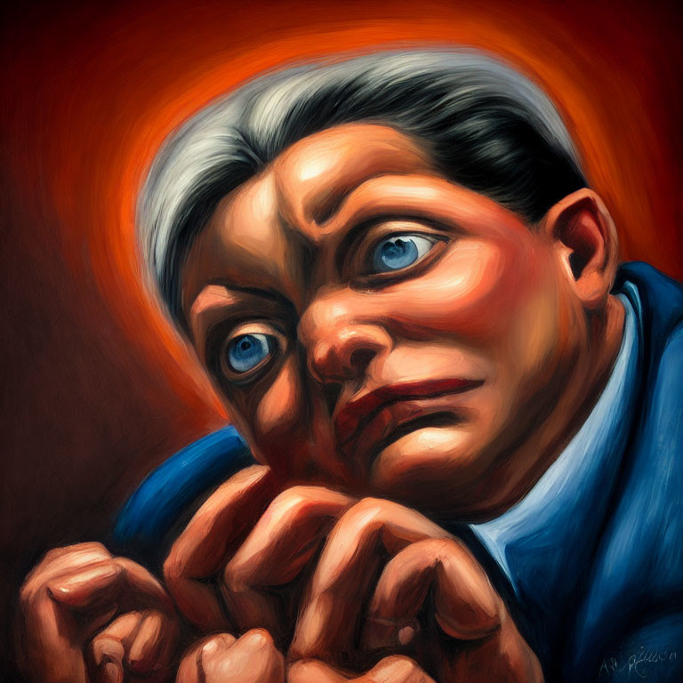Stylized oil painting of person with exaggerated features