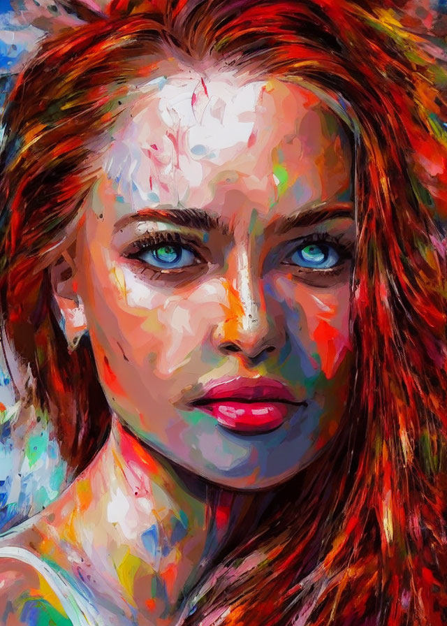Colorful Portrait of Woman with Striking Blue Eyes and Paint Splashes
