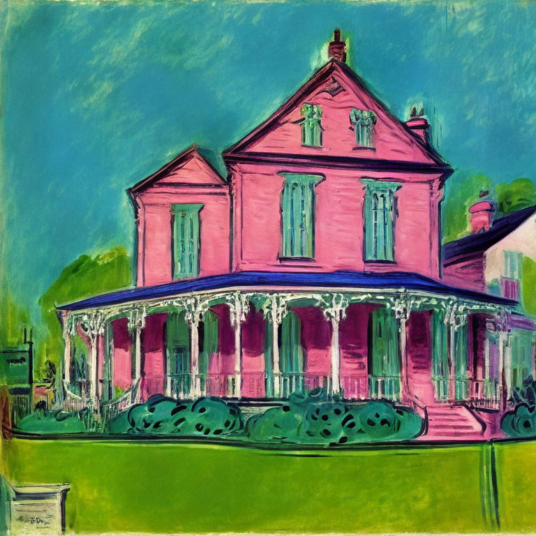 Victorian-style pink house painting with large porch and green lawn