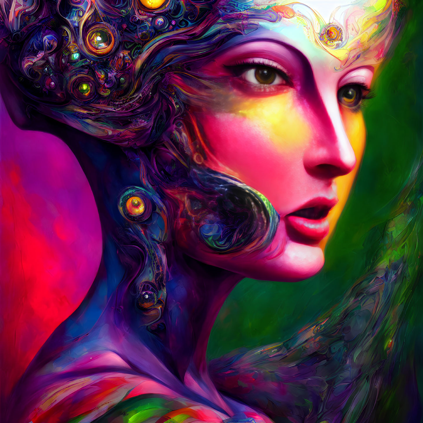 Colorful abstract digital artwork of female figure with swirling designs on skin