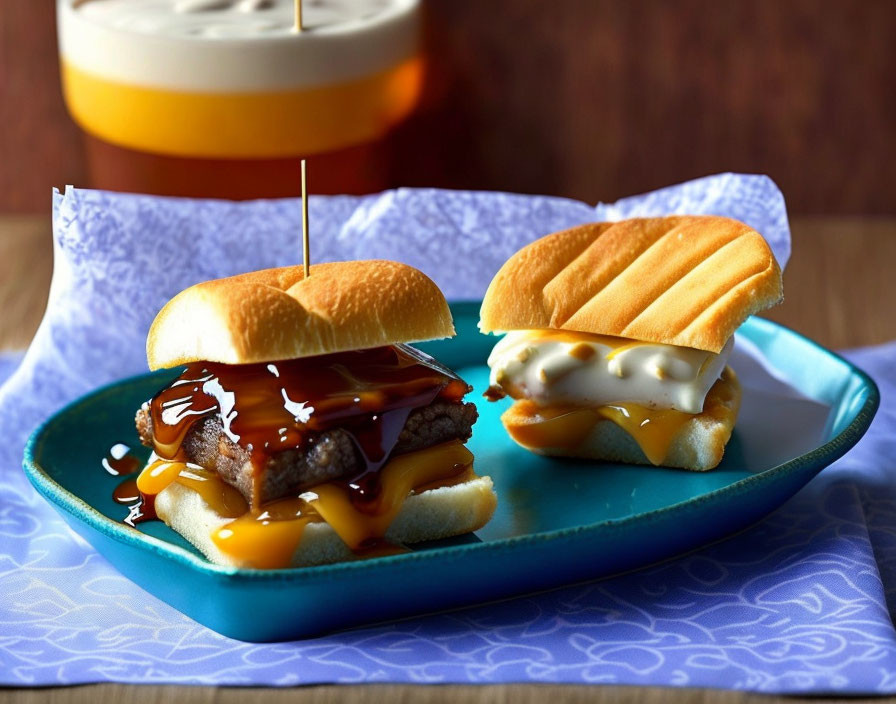 Grilled sandwich with cheese, meat patty, and barbecue sauce on blue plate with beer pouring in