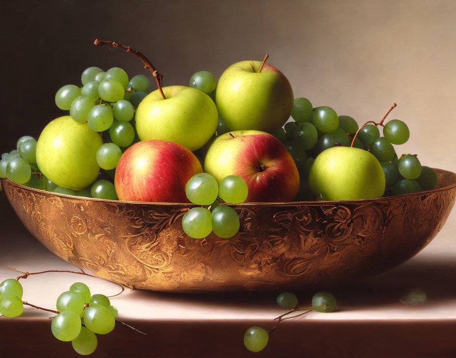 Golden bowl with apples and grapes on table - still life painting