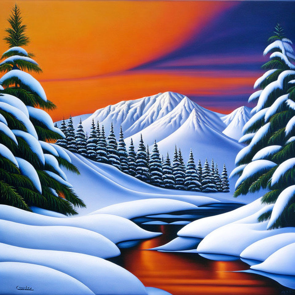 Snow-covered landscape with river and mountains in vivid painting