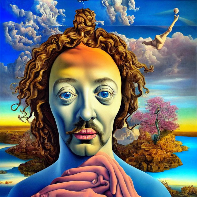 Surrealist painting of person with curly hair and surreal elements