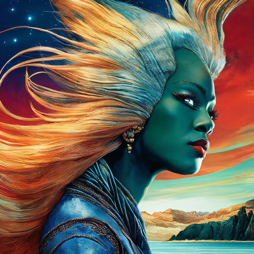 Colorful illustration of woman with flowing hair in orange and yellow, set against cosmic and rugged landscape