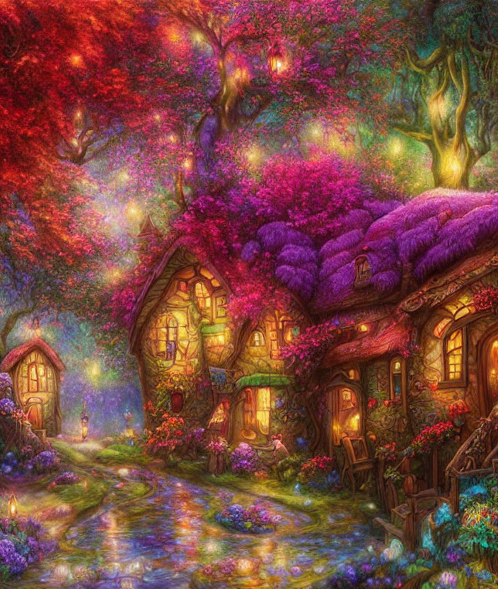 Fantasy village with glowing trees, magical lights, thatched cottages, and vibrant flora
