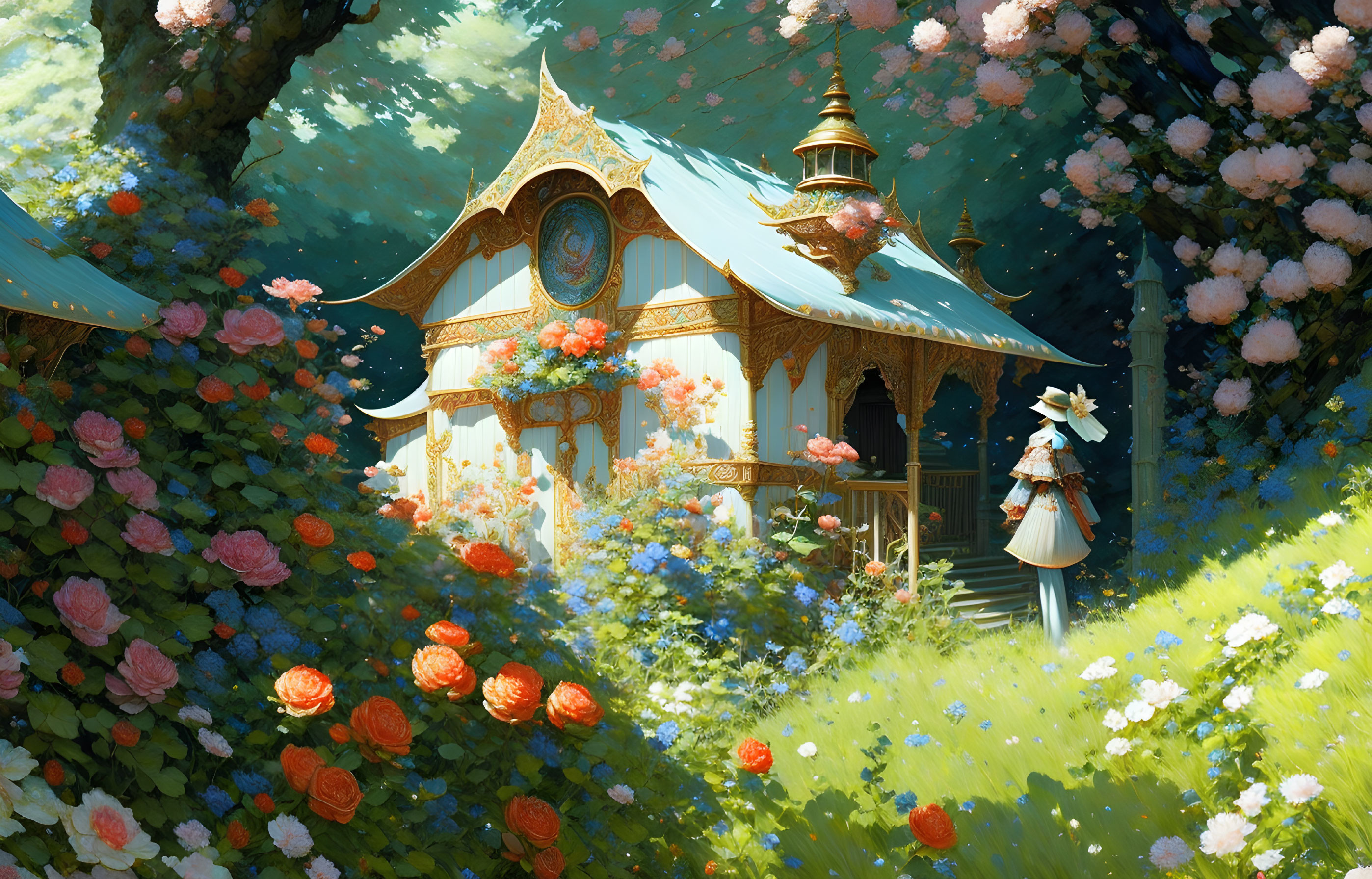 Charming cottage with ornate roofs surrounded by blooming flowers