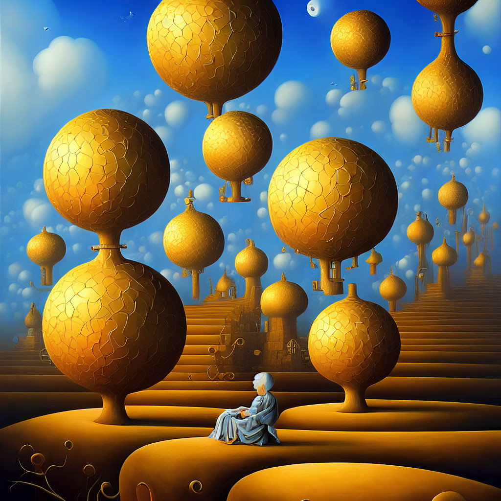Surreal artwork: person on couch, gazing at floating golden orbs