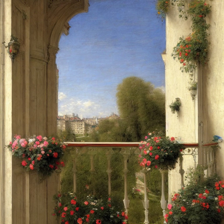 Balcony view of flowering plants and European cityscape under clear blue sky