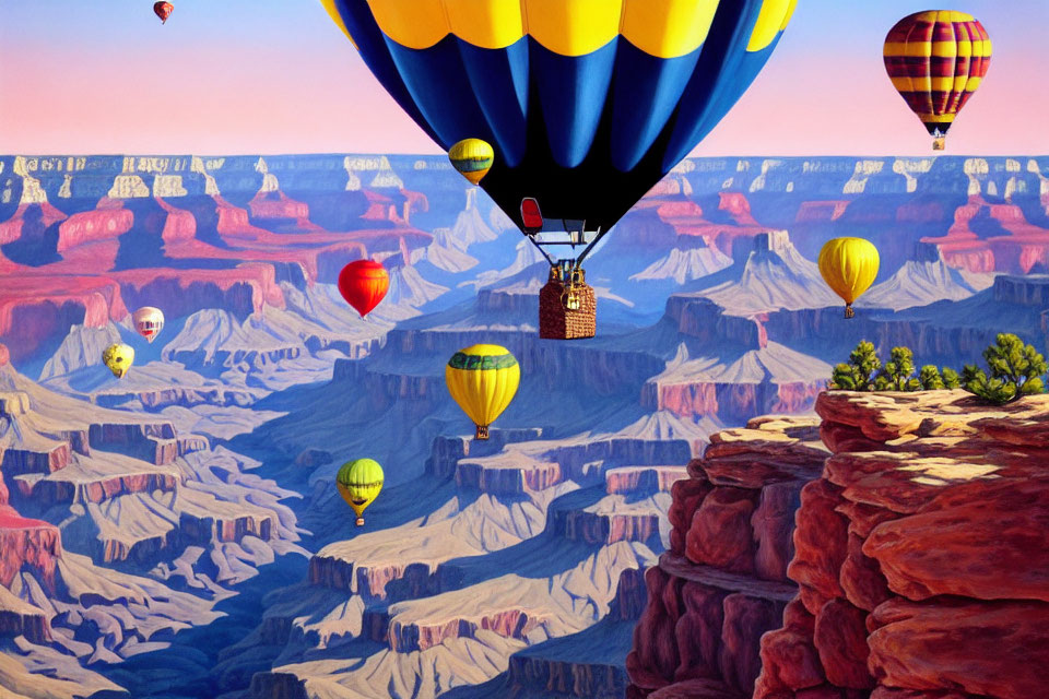 Vibrant hot air balloons over intricate canyon landscape