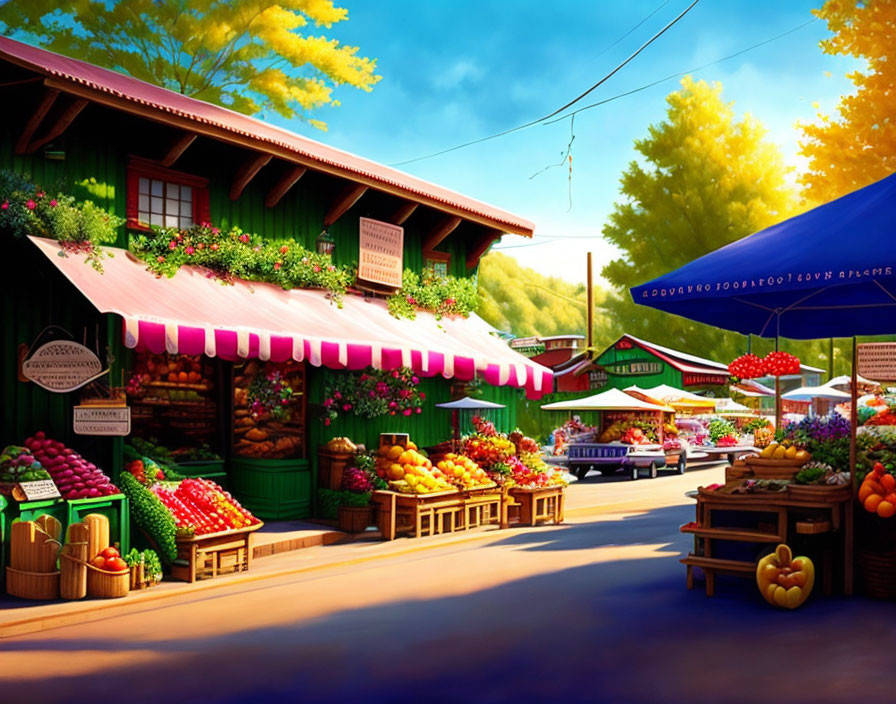 Colorful outdoor market with fresh fruits under sunny sky and wooden building with flowers