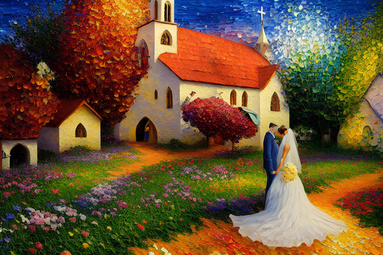 Wedding couple embracing near colorful church in impressionist painting