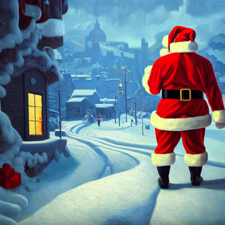 Santa Claus overlooking snowy town at night with gift and lit house window