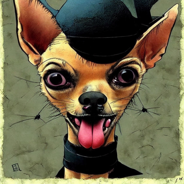 Whimsical Chihuahua with Large Eyes and Tongue on Greenish-Yellow Background