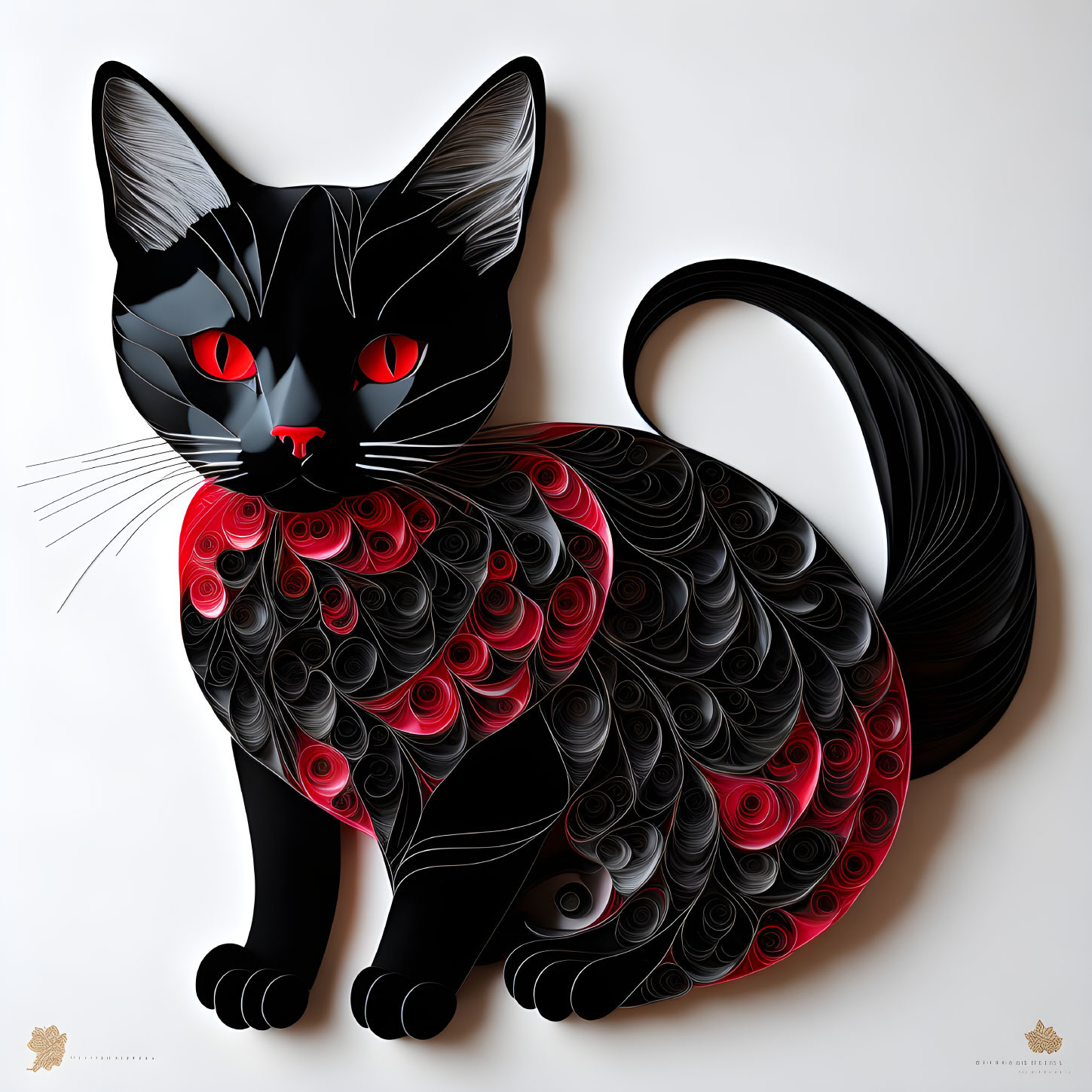 Stylized black cat with red and black patterns and red eyes