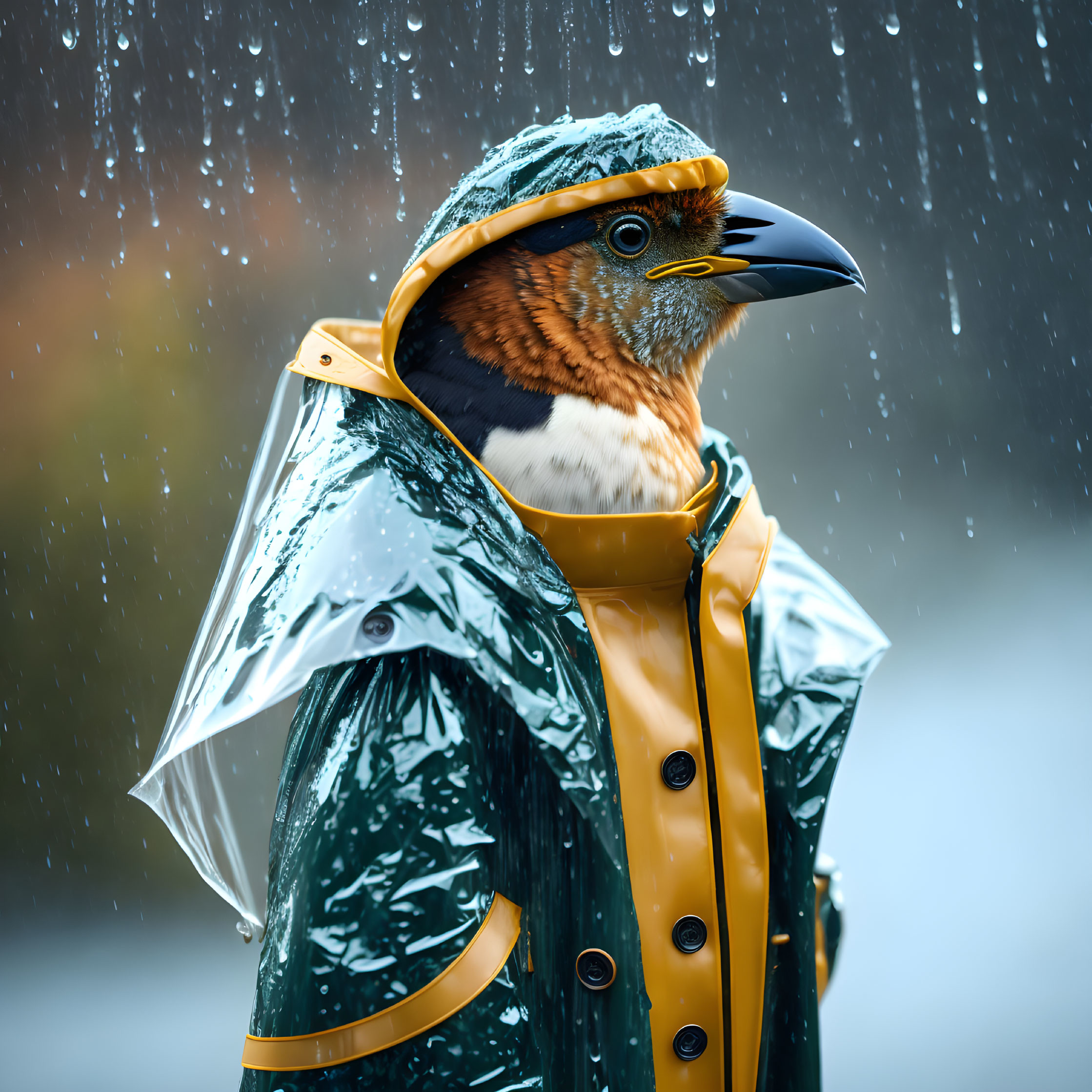 Bird with human body in yellow raincoat standing in rain