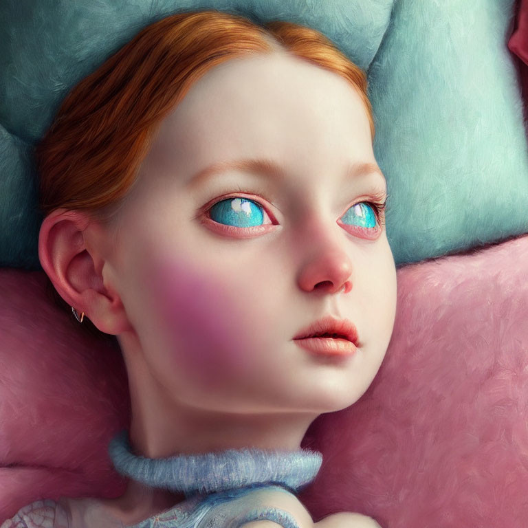 Girl with Blue Eyes and Red Hair Surrounded by Pastel Pillows