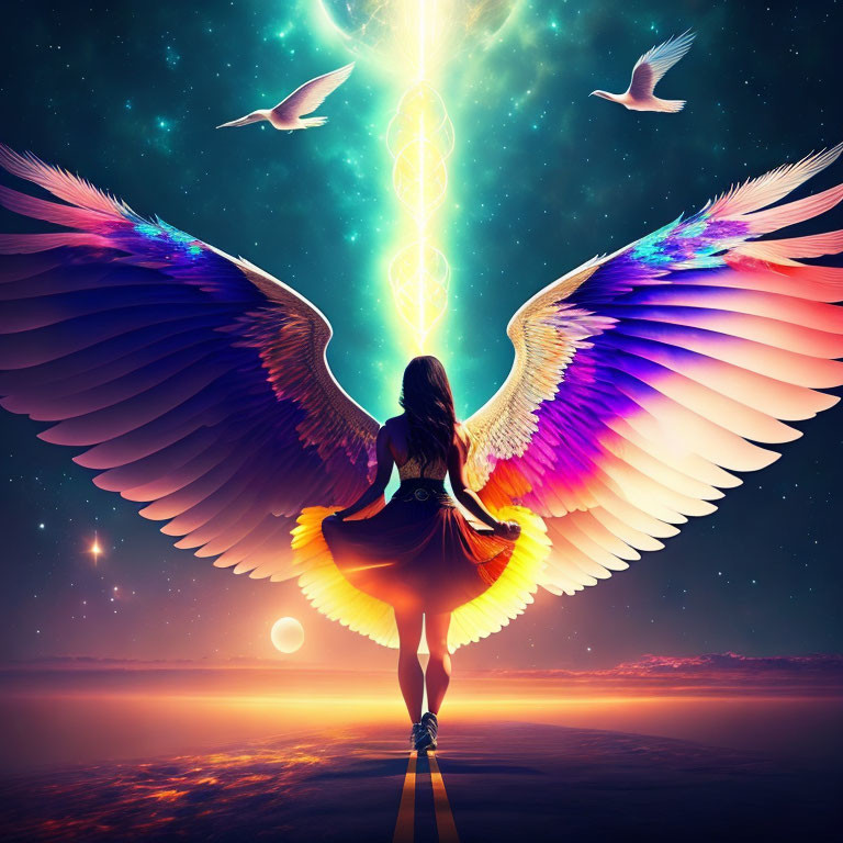 Woman with large, colorful wings at cosmic scene with radiant structure and birds