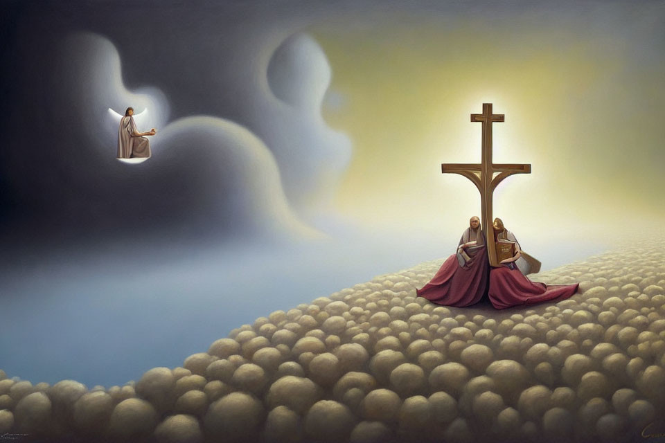 Surreal painting of monk, man, and cross in clouds or stones