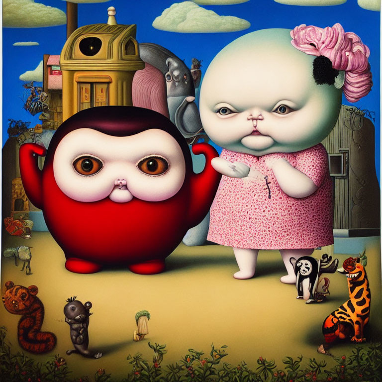 Whimsical painting with red character, baby, animals, and objects