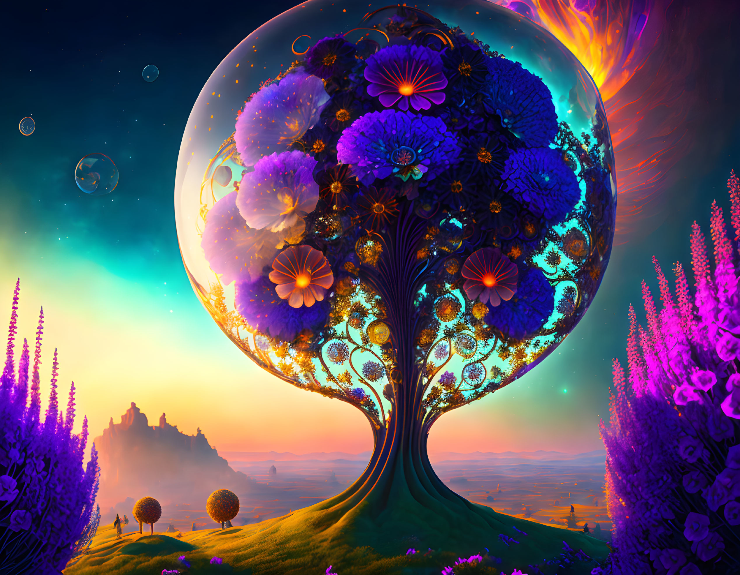 Fantastical tree with luminescent flowers under large moon in surreal landscape