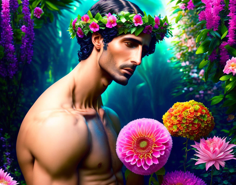 Man with Floral Wreath Surrounded by Colorful Flowers