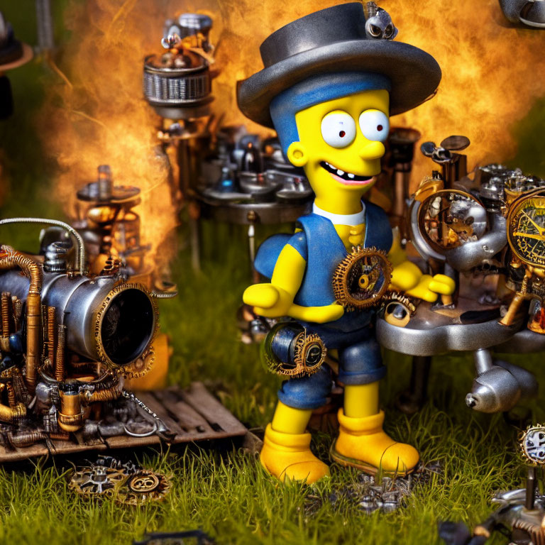 Spiky-haired animated character figurine in blue shirt among steampunk machinery