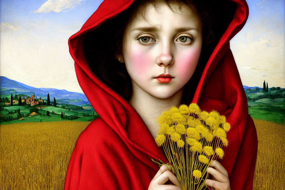 Portrait of young girl in red cloak with blue eyes and flowers on countryside backdrop
