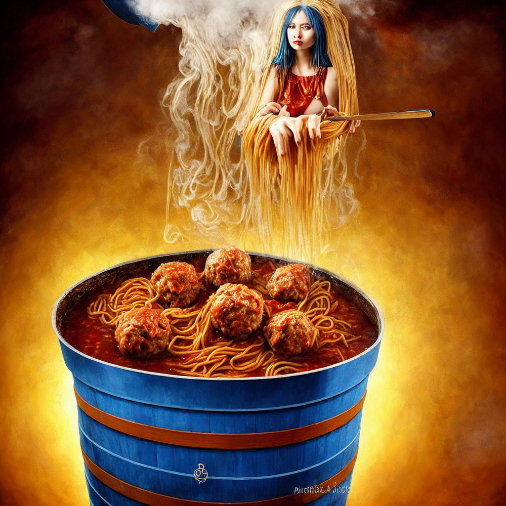 Fantasy illustration of tiny woman with blue hair stirring giant spaghetti bowl