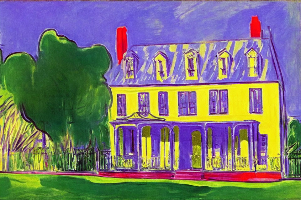 Colorful Expressionist Painting of Yellow House with Blue Roof and Red Chimneys