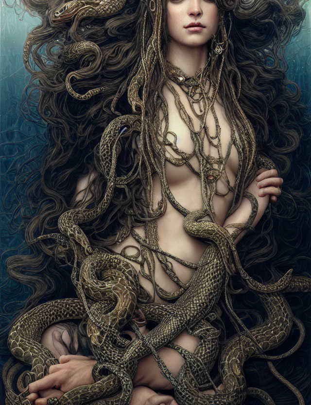 Woman with Long, Wavy Hair Entwined with Serpents on Dark Background