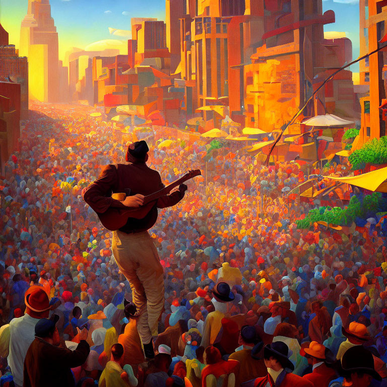Guitar player performing on pole in colorful cityscape
