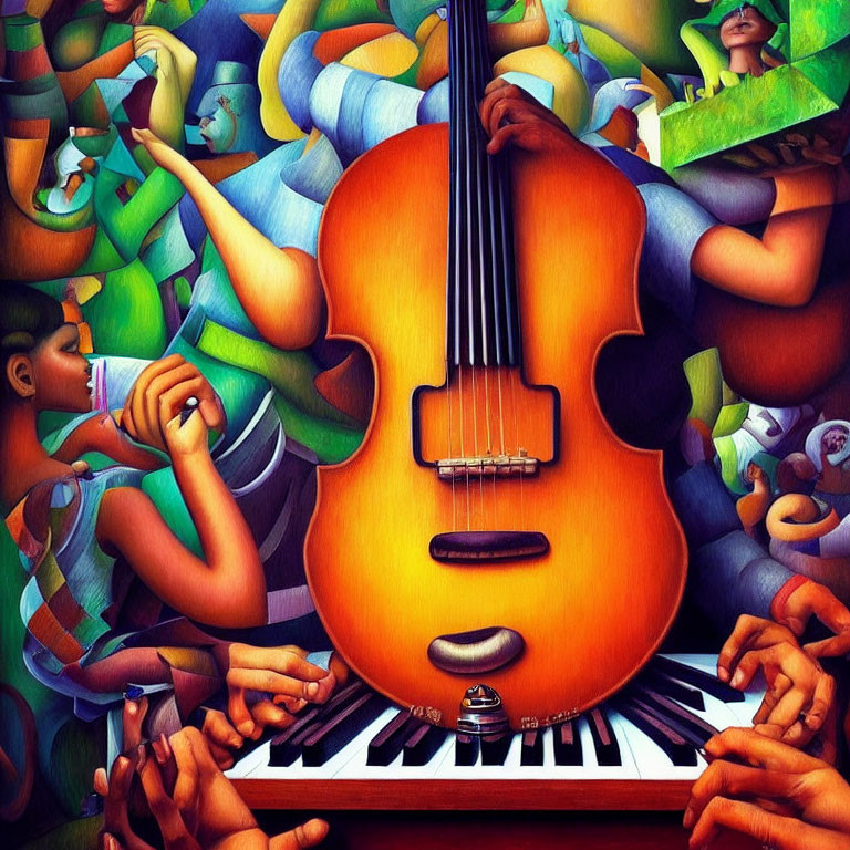Vibrant surreal artwork: large cello fused with piano keys, surrounded by hands & abstract human