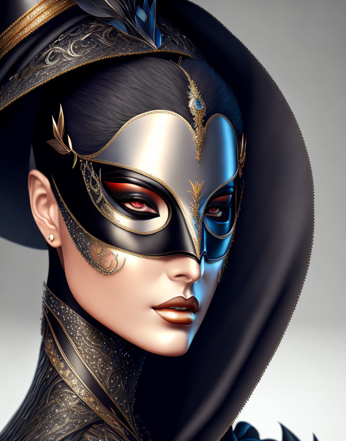Digital Artwork: Woman in Masquerade Mask and Ornate Headdress