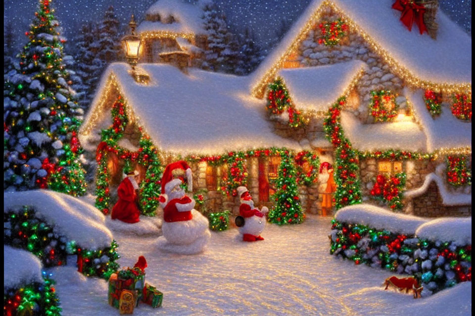 Snow-covered Christmas village with Santa Claus, snowman, dog, and gifts