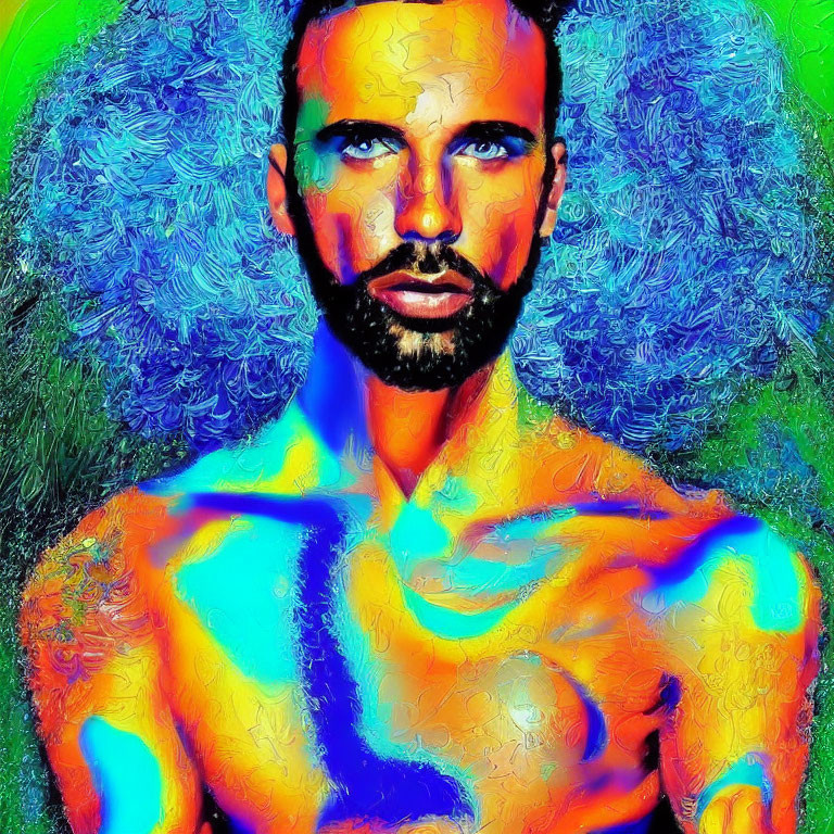 Colorful digital art: Bearded man with intense eyes in blue and green palette