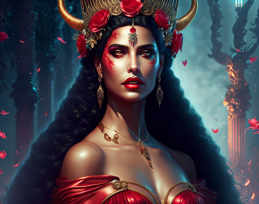 Dark-haired woman in horned crown, red and gold attire in mystical forest with rose petals.