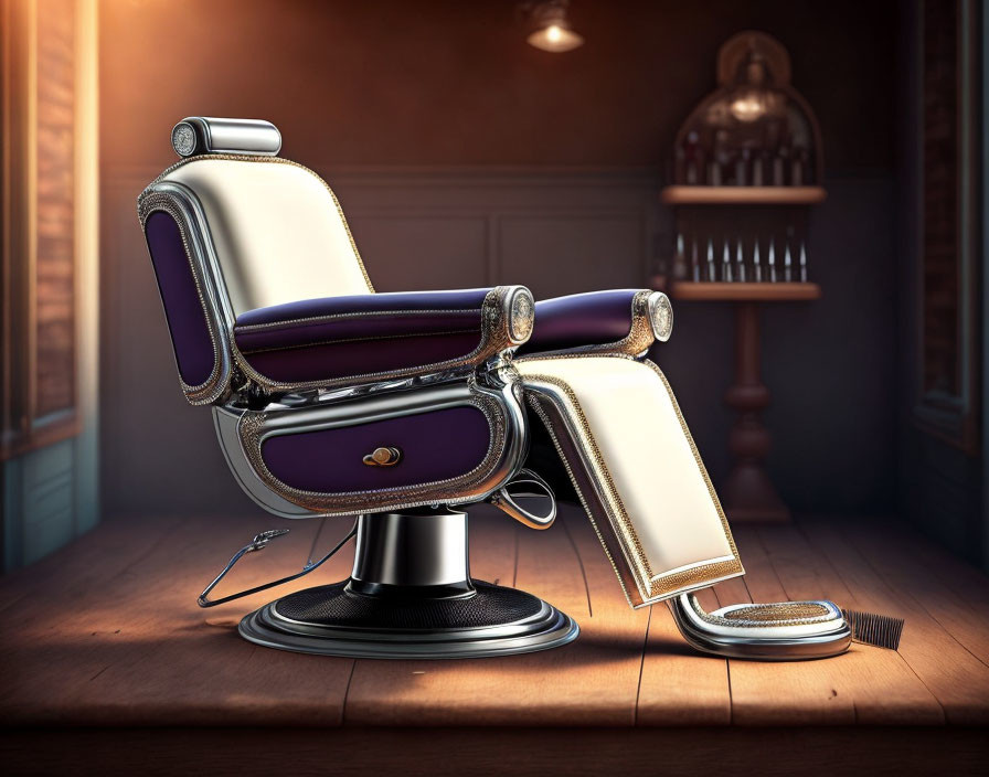 Vintage Barber Chair with White and Purple Upholstery and Chrome Accents