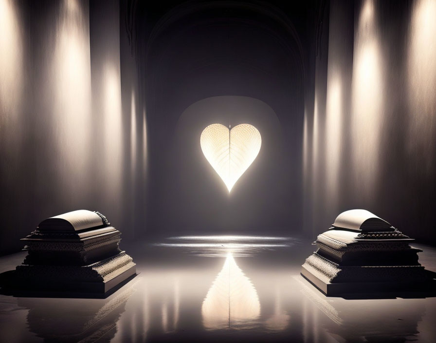 Ornate chairs in symmetrical corridor with heart-shaped light