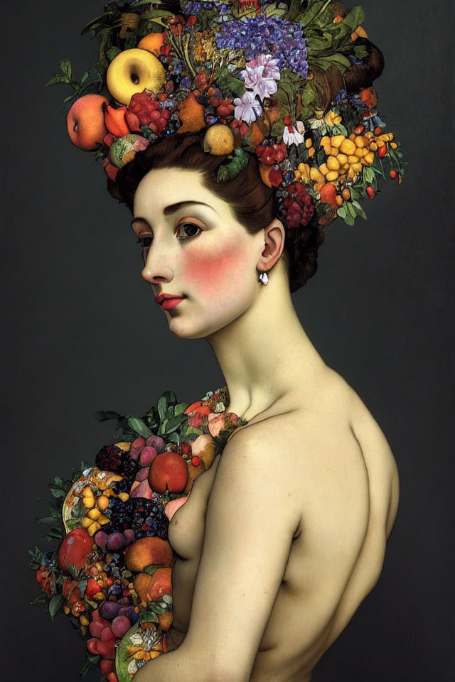Woman painting with fruits, flowers, and leaves on dark background