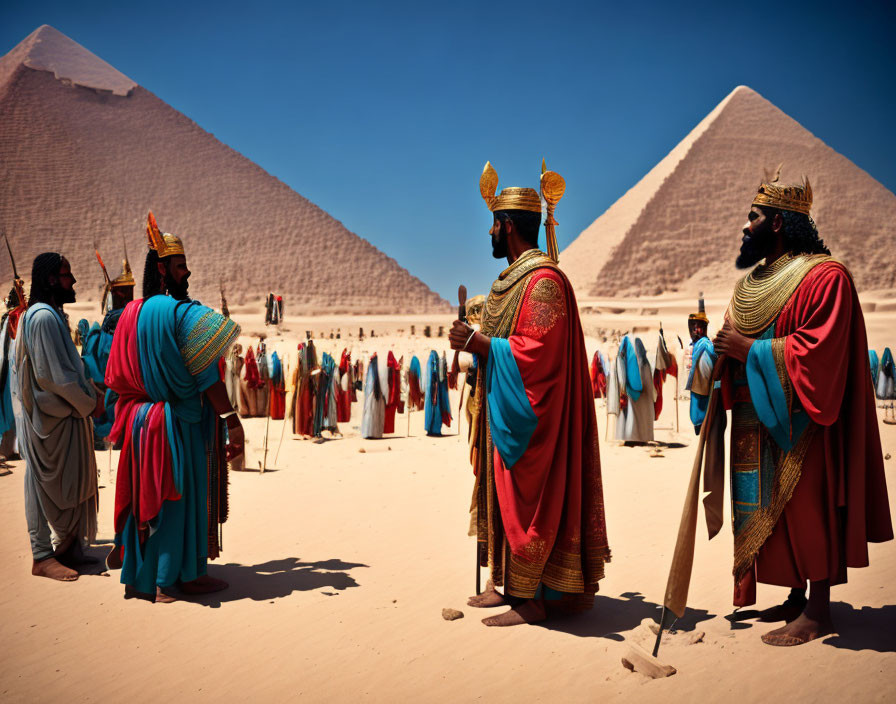 Group in Egyptian costumes near Great Pyramids in desert