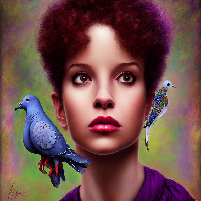 Colorful portrait with wide-eyed person, curly hair, pigeon, parrot, vibrant background