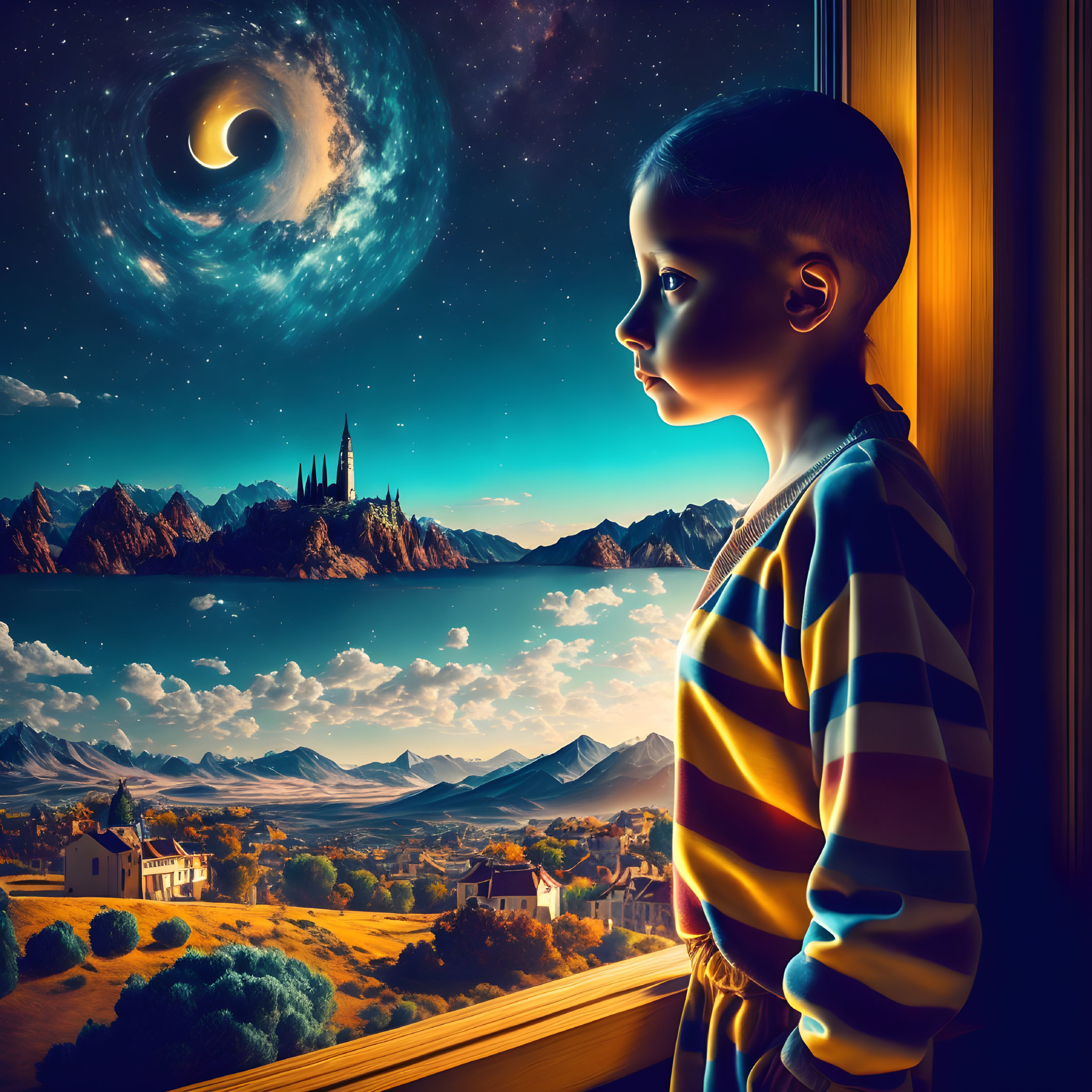 Child in Striped Shirt Looks at Surreal Night Sky Over Fantasy Landscape