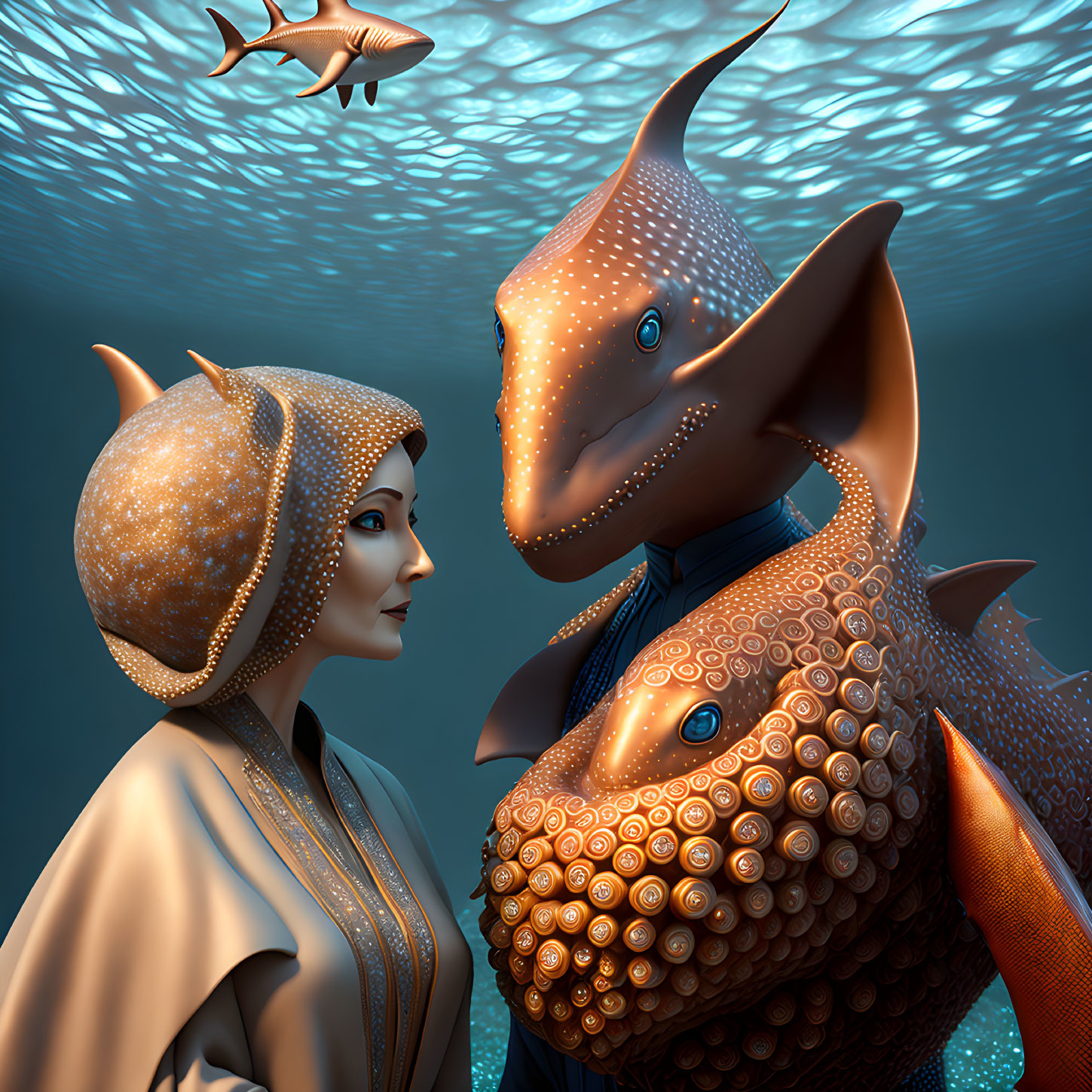 Stylized humanoid sea creatures with patterned skin underwater.