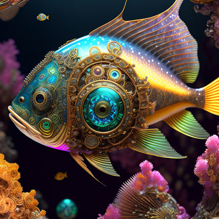 Intricate mechanical fish with blue eye among vibrant coral reefs