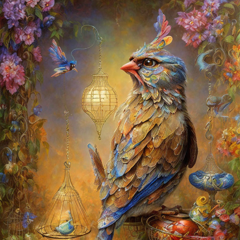 Colorful painting of bird with human-like eyes and intricate patterns among lush flowers and hanging cages