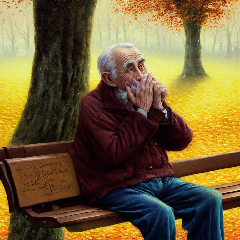 Elderly man playing harmonica in autumn park bench