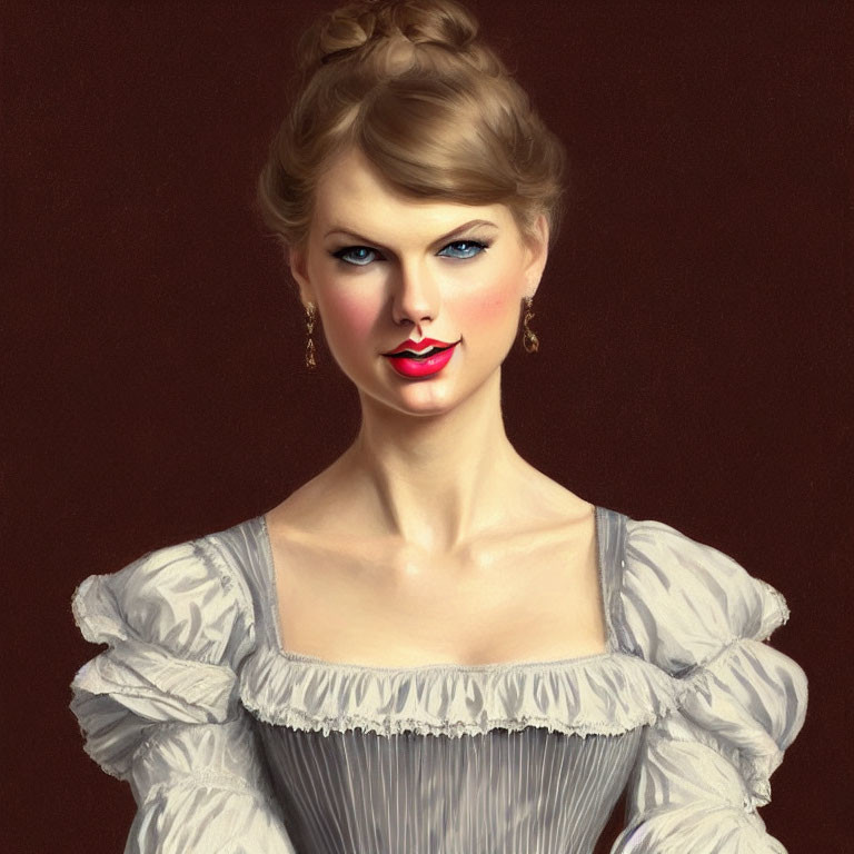 Vintage-inspired woman painting with red lips and white dress on dark background
