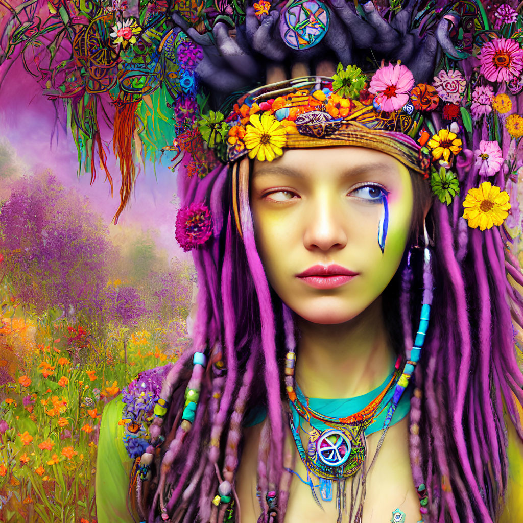 Woman with Purple Dreadlocks and Tear Painted Face in Floral Setting